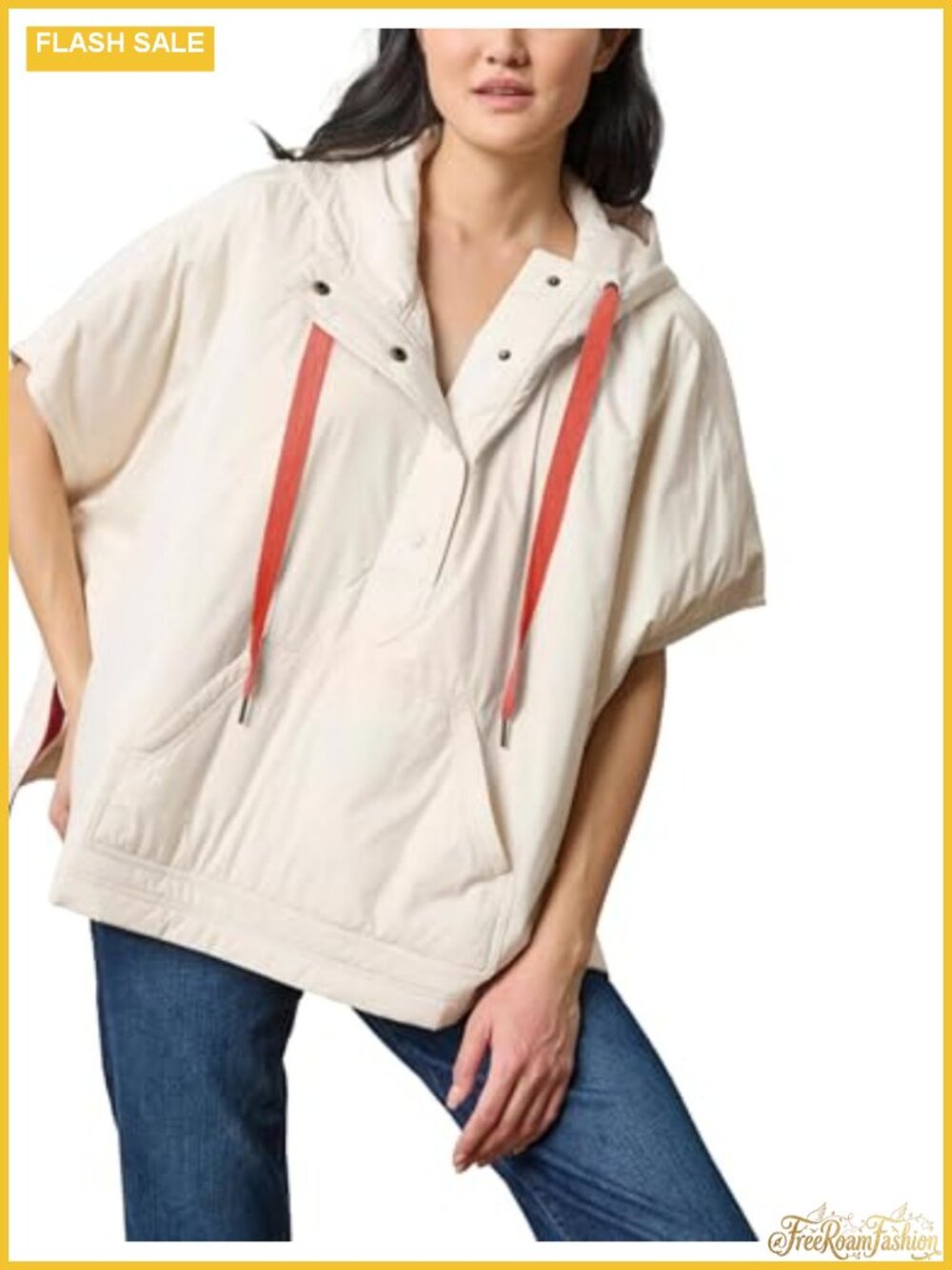 Women's Loose Fit Hooded Puffer Vest Short Sleeve Snap Button Pockets